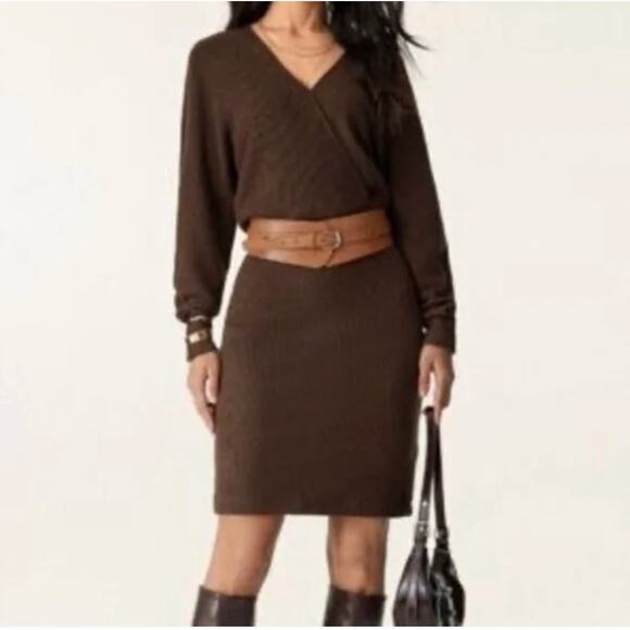 OGL Womens Size L Brown V Neck Bodycon Ribbed Knit Sweater Dress NWT